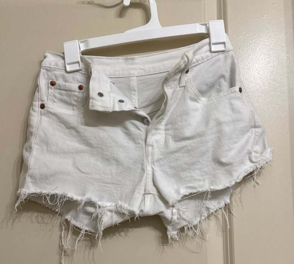 Vintage Levi 501 White Denim Shorts: Embroidered 'oui' Frayed Cutoffs, Size 24 -